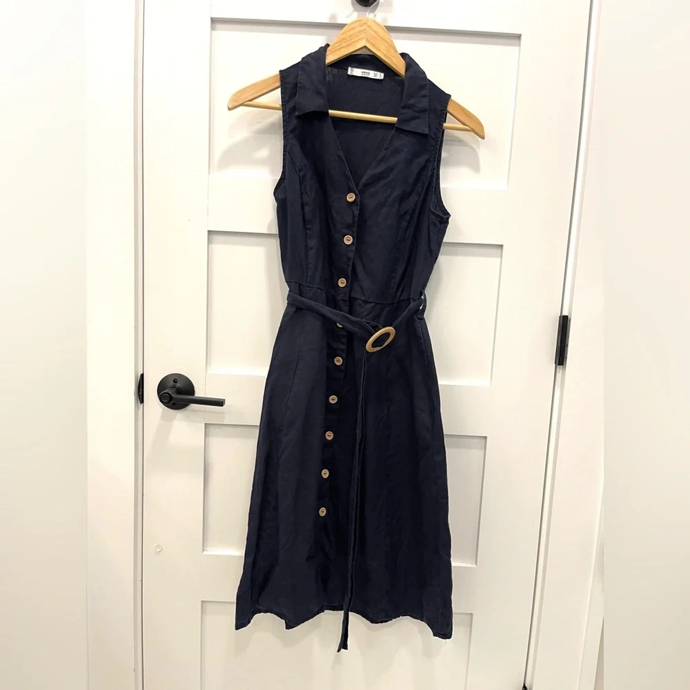 Mango MNG blue linen button up dress 4 - Picture 2 of 7